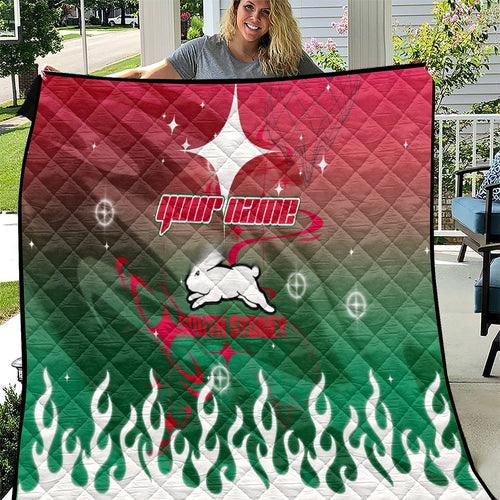 Personalized South Sydney Rabbitohs Quilt Y2K Grunge Aesthetic With Cyber Flames and Starburst Graphics