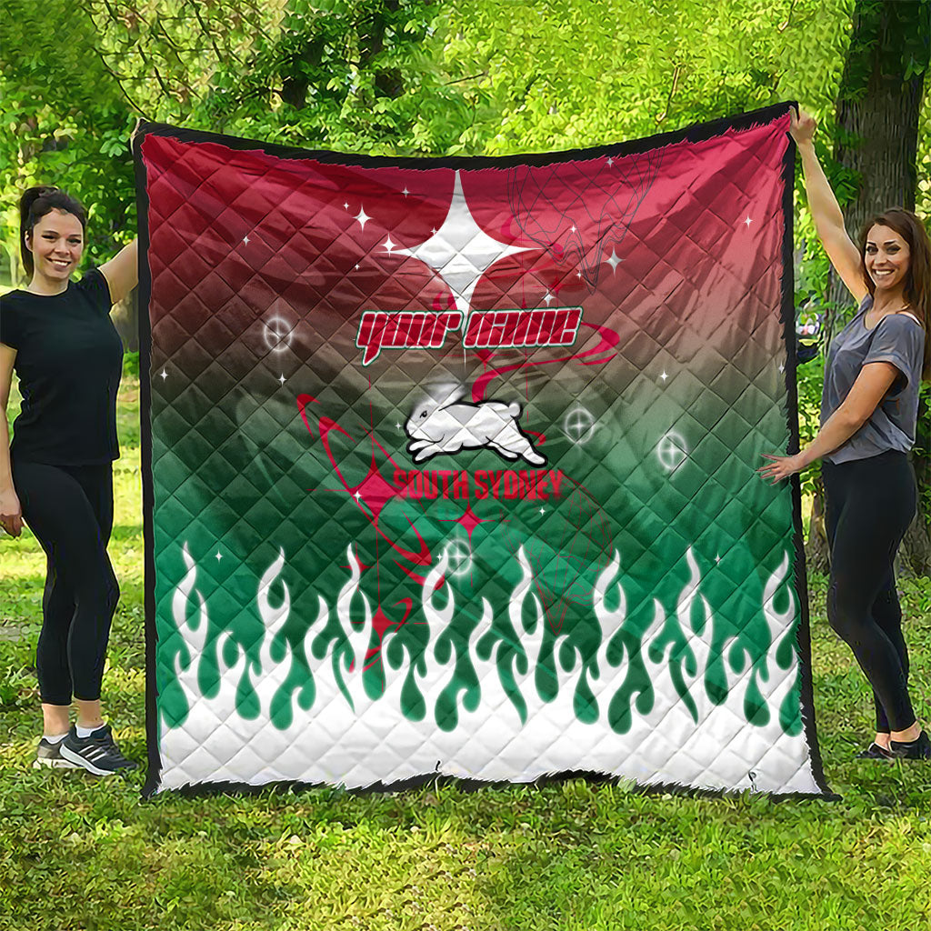 Personalized South Sydney Rabbitohs Quilt Y2K Grunge Aesthetic With Cyber Flames and Starburst Graphics