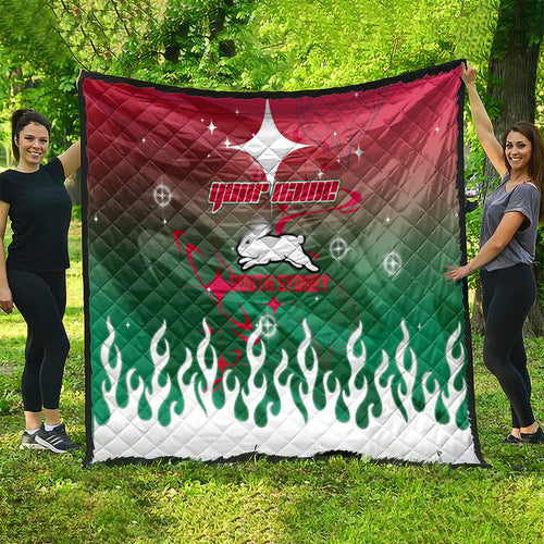 Personalized South Sydney Rabbitohs Quilt Y2K Grunge Aesthetic With Cyber Flames and Starburst Graphics