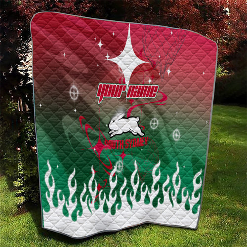 Personalized South Sydney Rabbitohs Quilt Y2K Grunge Aesthetic With Cyber Flames and Starburst Graphics