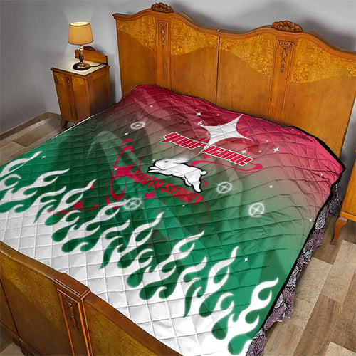 Personalized South Sydney Rabbitohs Quilt Y2K Grunge Aesthetic With Cyber Flames and Starburst Graphics