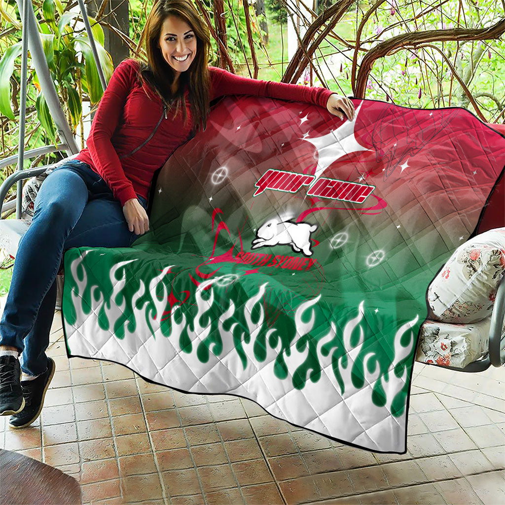 Personalized South Sydney Rabbitohs Quilt Y2K Grunge Aesthetic With Cyber Flames and Starburst Graphics