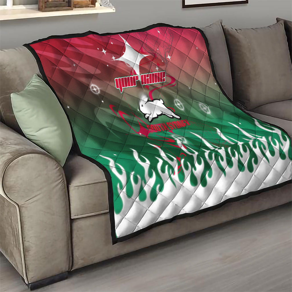 Personalized South Sydney Rabbitohs Quilt Y2K Grunge Aesthetic With Cyber Flames and Starburst Graphics