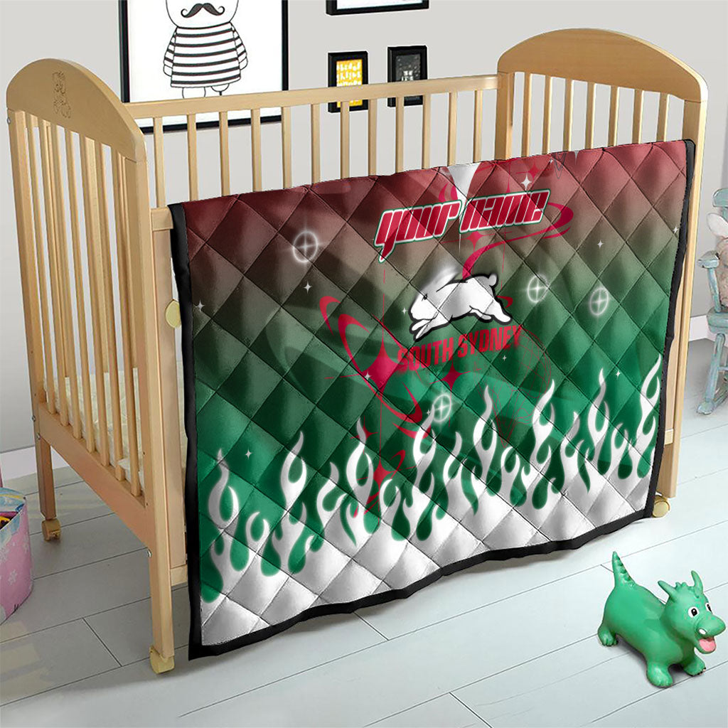 Personalized South Sydney Rabbitohs Quilt Y2K Grunge Aesthetic With Cyber Flames and Starburst Graphics