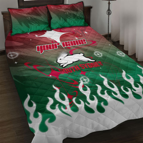 Personalized South Sydney Rabbitohs Quilt Bed Set Y2K Grunge Aesthetic With Cyber Flames and Starburst Graphics
