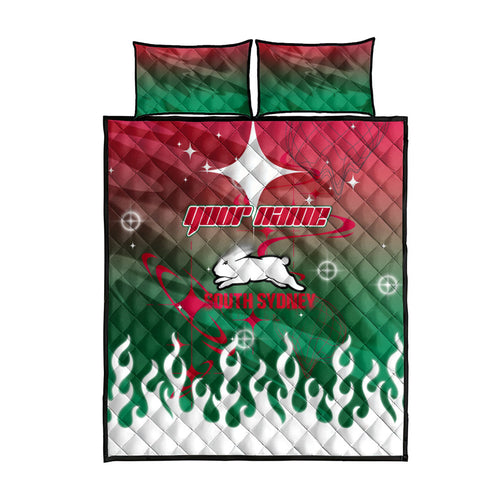 Personalized South Sydney Rabbitohs Quilt Bed Set Y2K Grunge Aesthetic With Cyber Flames and Starburst Graphics