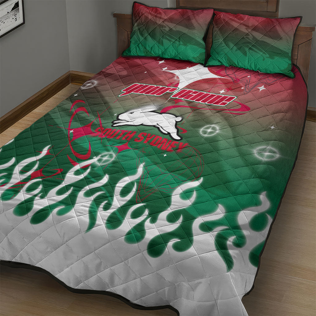 Personalized South Sydney Rabbitohs Quilt Bed Set Y2K Grunge Aesthetic With Cyber Flames and Starburst Graphics