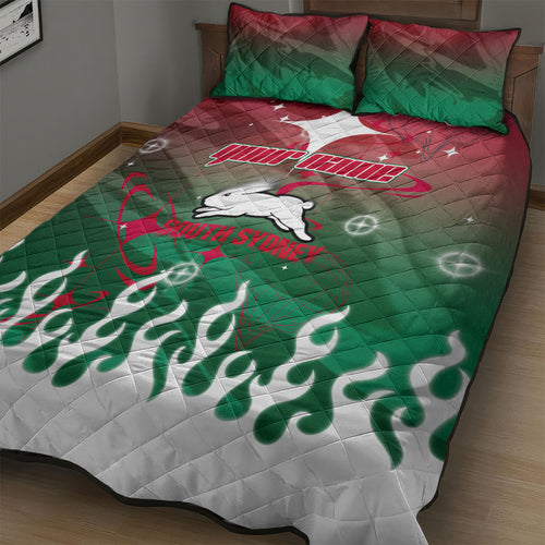 Personalized South Sydney Rabbitohs Quilt Bed Set Y2K Grunge Aesthetic With Cyber Flames and Starburst Graphics