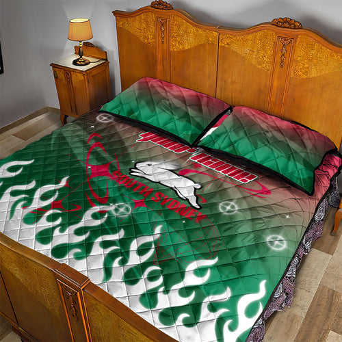 Personalized South Sydney Rabbitohs Quilt Bed Set Y2K Grunge Aesthetic With Cyber Flames and Starburst Graphics