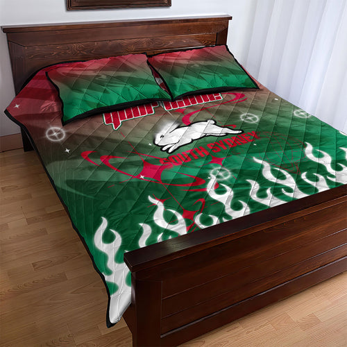Personalized South Sydney Rabbitohs Quilt Bed Set Y2K Grunge Aesthetic With Cyber Flames and Starburst Graphics
