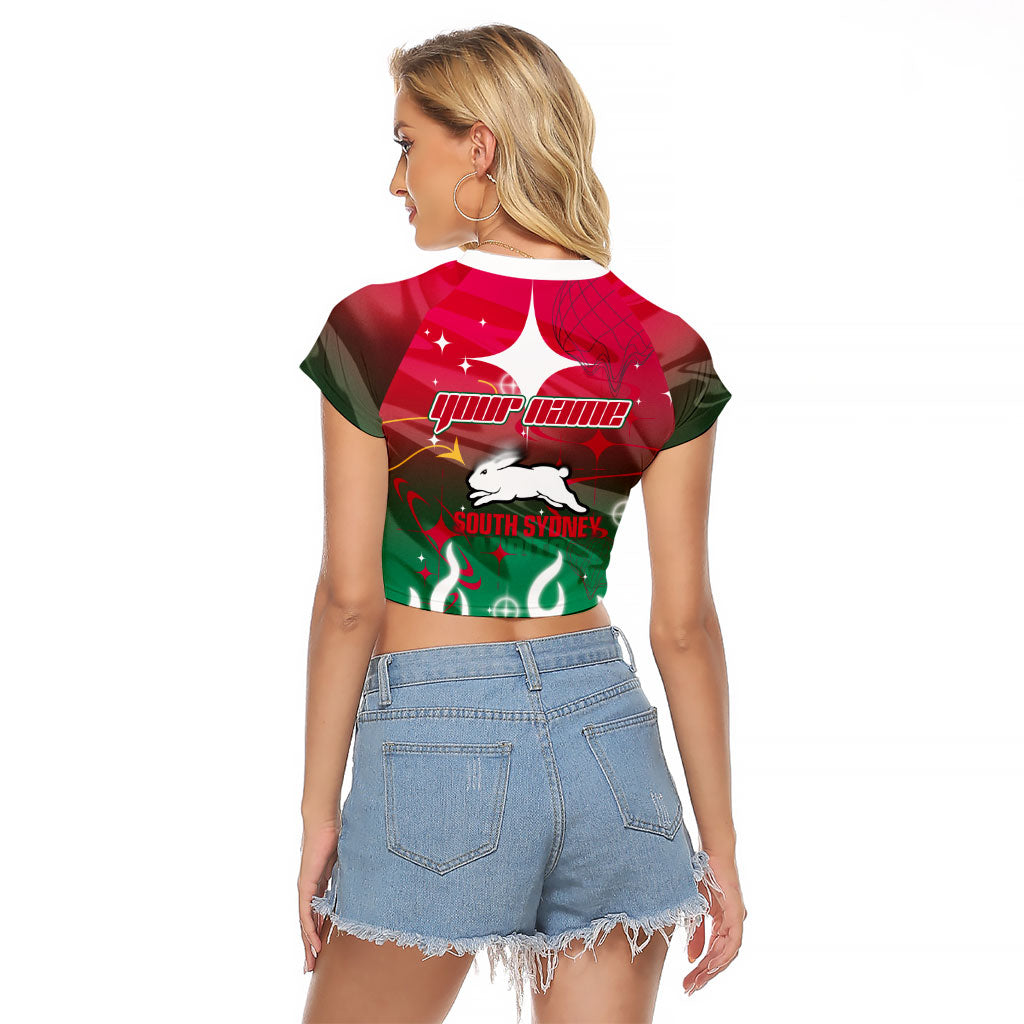 Personalized South Sydney Rabbitohs Raglan Cropped T Shirt Y2K Grunge Aesthetic With Cyber Flames and Starburst Graphics