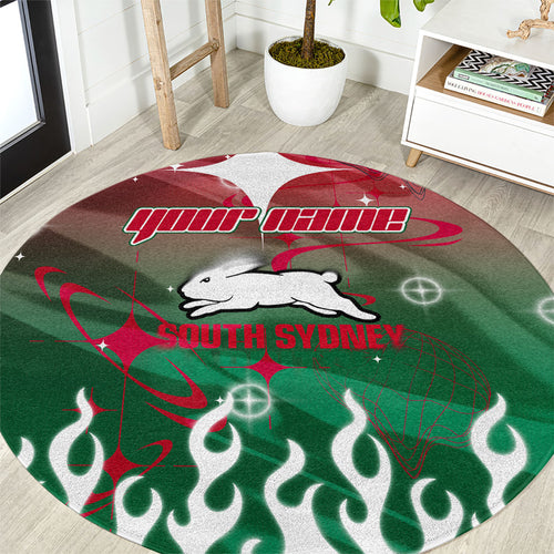 Personalized South Sydney Rabbitohs Round Carpet Y2K Grunge Aesthetic With Cyber Flames and Starburst Graphics