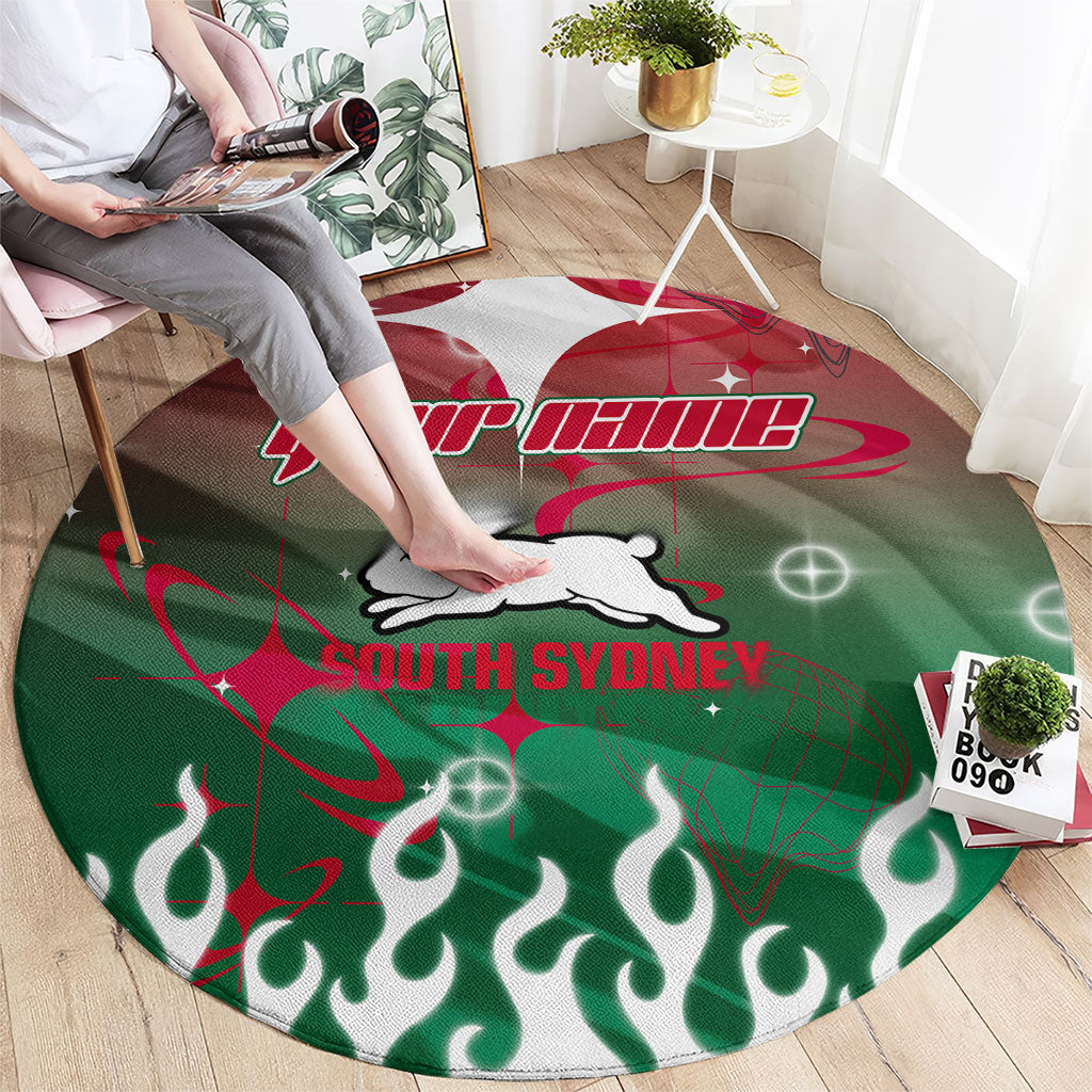 Personalized South Sydney Rabbitohs Round Carpet Y2K Grunge Aesthetic With Cyber Flames and Starburst Graphics
