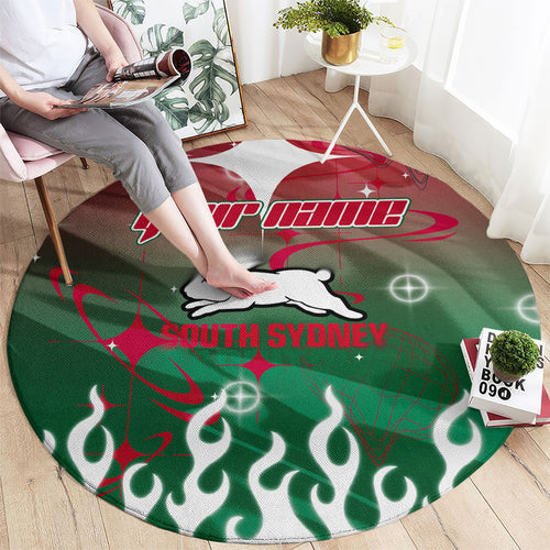 Personalized South Sydney Rabbitohs Round Carpet Y2K Grunge Aesthetic With Cyber Flames and Starburst Graphics