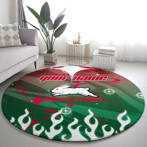 Personalized South Sydney Rabbitohs Round Carpet Y2K Grunge Aesthetic With Cyber Flames and Starburst Graphics