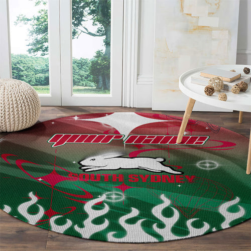 Personalized South Sydney Rabbitohs Round Carpet Y2K Grunge Aesthetic With Cyber Flames and Starburst Graphics