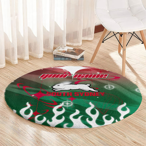 Personalized South Sydney Rabbitohs Round Carpet Y2K Grunge Aesthetic With Cyber Flames and Starburst Graphics