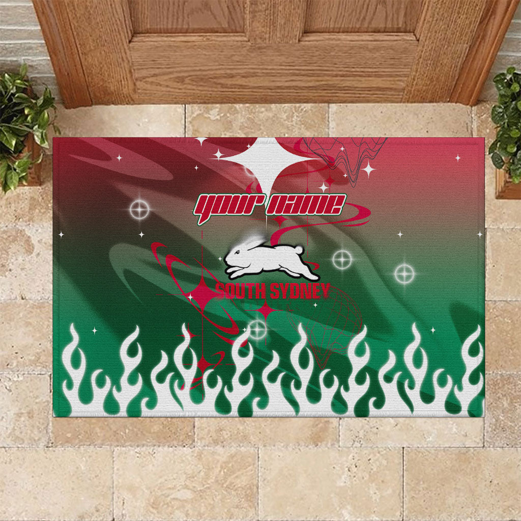 Personalized South Sydney Rabbitohs Rubber Doormat Y2K Grunge Aesthetic With Cyber Flames and Starburst Graphics