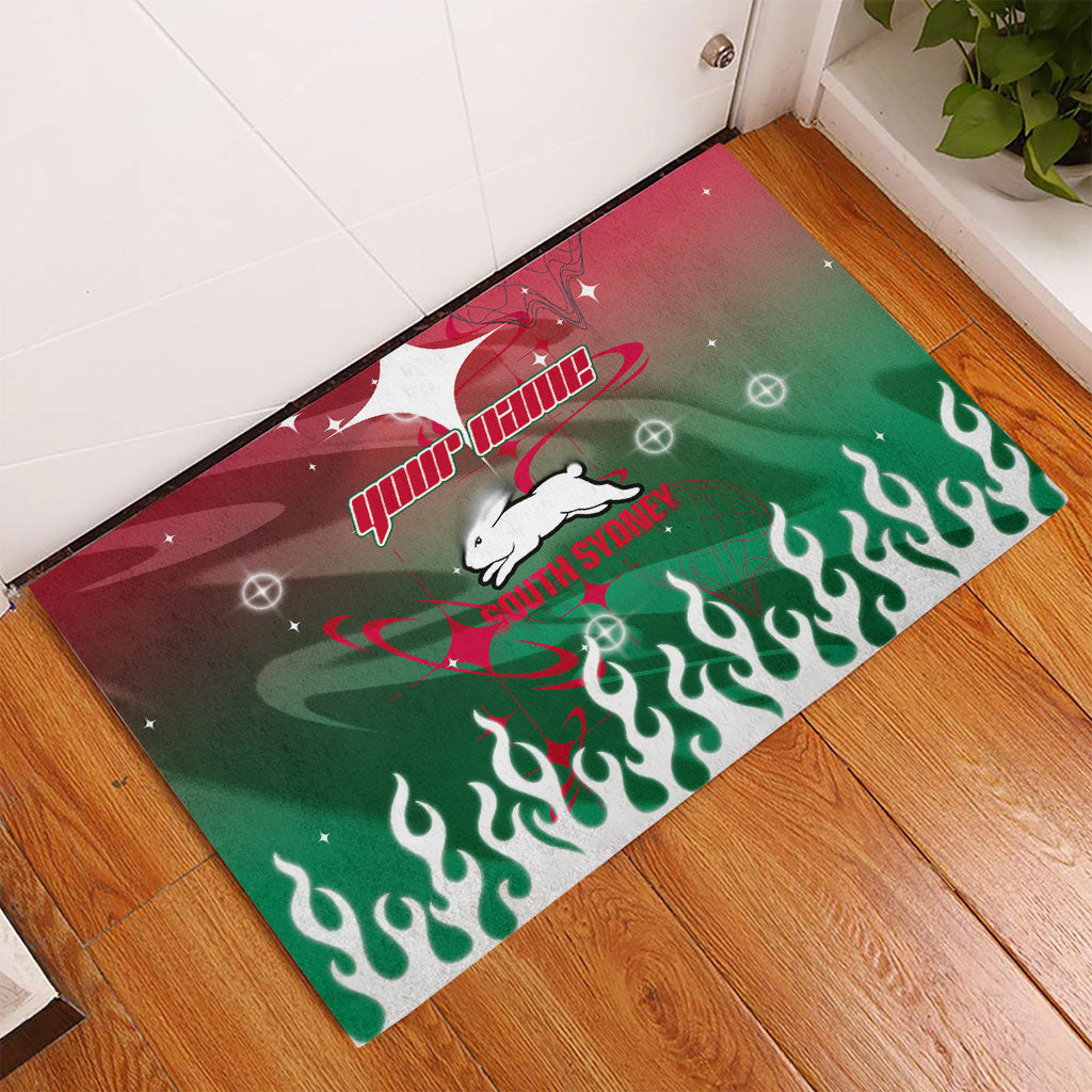 Personalized South Sydney Rabbitohs Rubber Doormat Y2K Grunge Aesthetic With Cyber Flames and Starburst Graphics