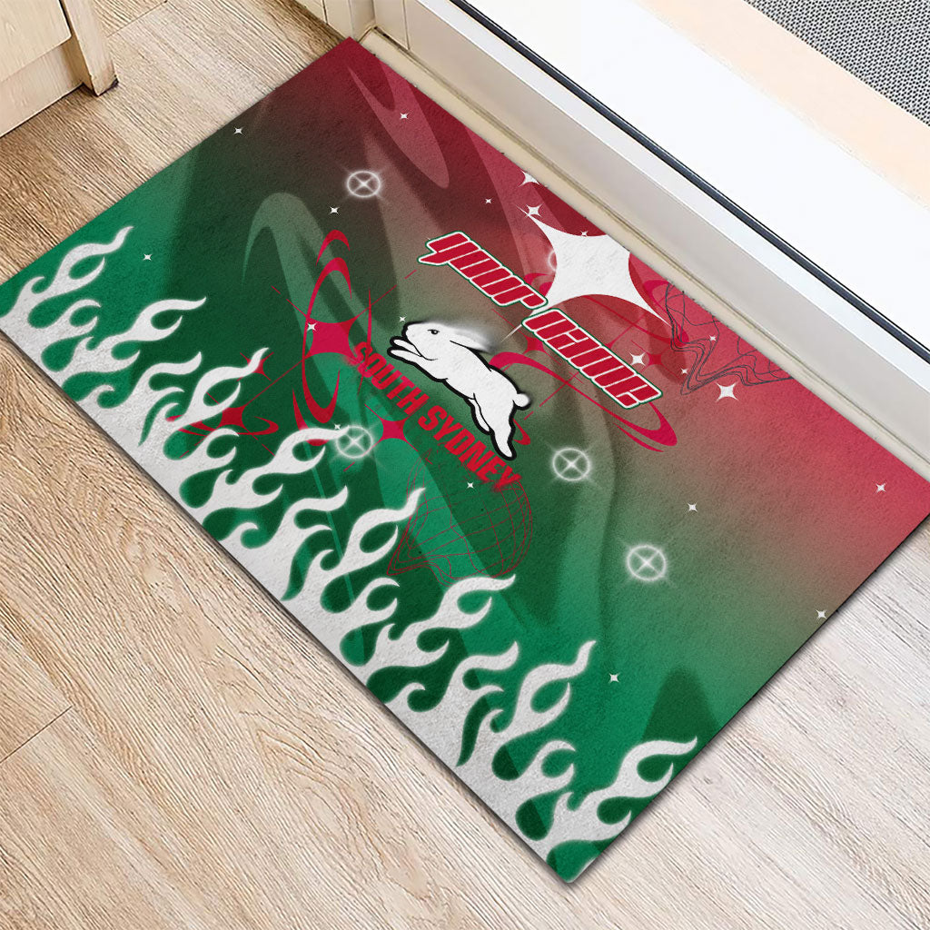 Personalized South Sydney Rabbitohs Rubber Doormat Y2K Grunge Aesthetic With Cyber Flames and Starburst Graphics