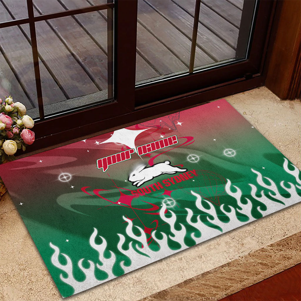 Personalized South Sydney Rabbitohs Rubber Doormat Y2K Grunge Aesthetic With Cyber Flames and Starburst Graphics
