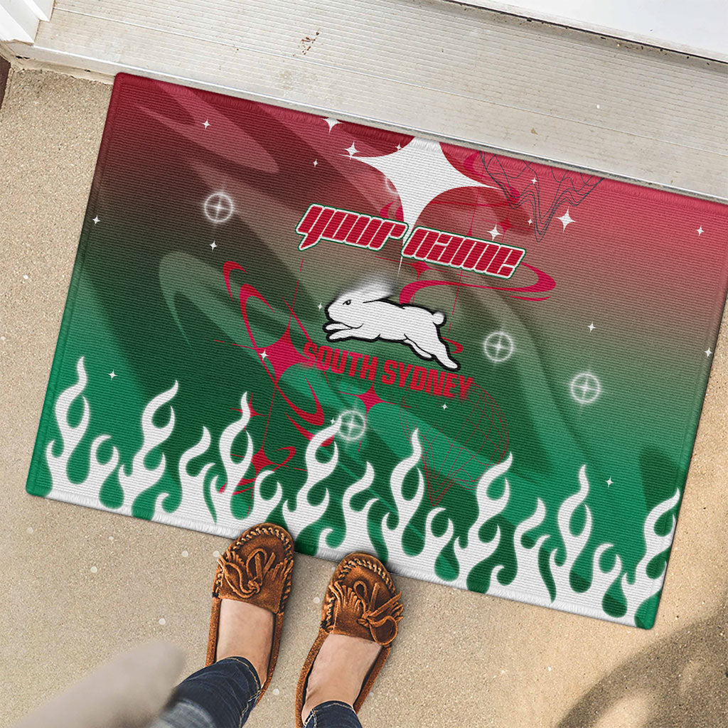Personalized South Sydney Rabbitohs Rubber Doormat Y2K Grunge Aesthetic With Cyber Flames and Starburst Graphics