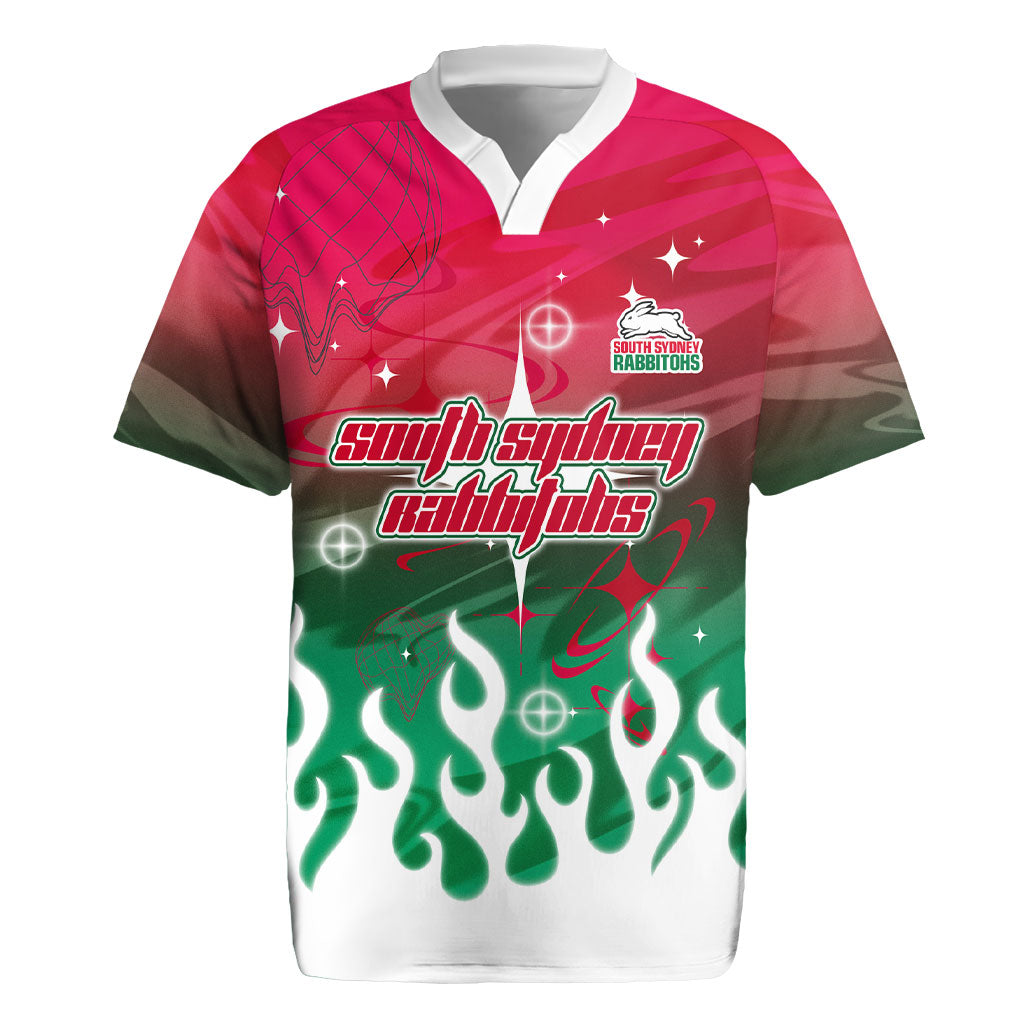 Personalized South Sydney Rabbitohs Rugby Jersey Y2K Grunge Aesthetic With Cyber Flames and Starburst Graphics