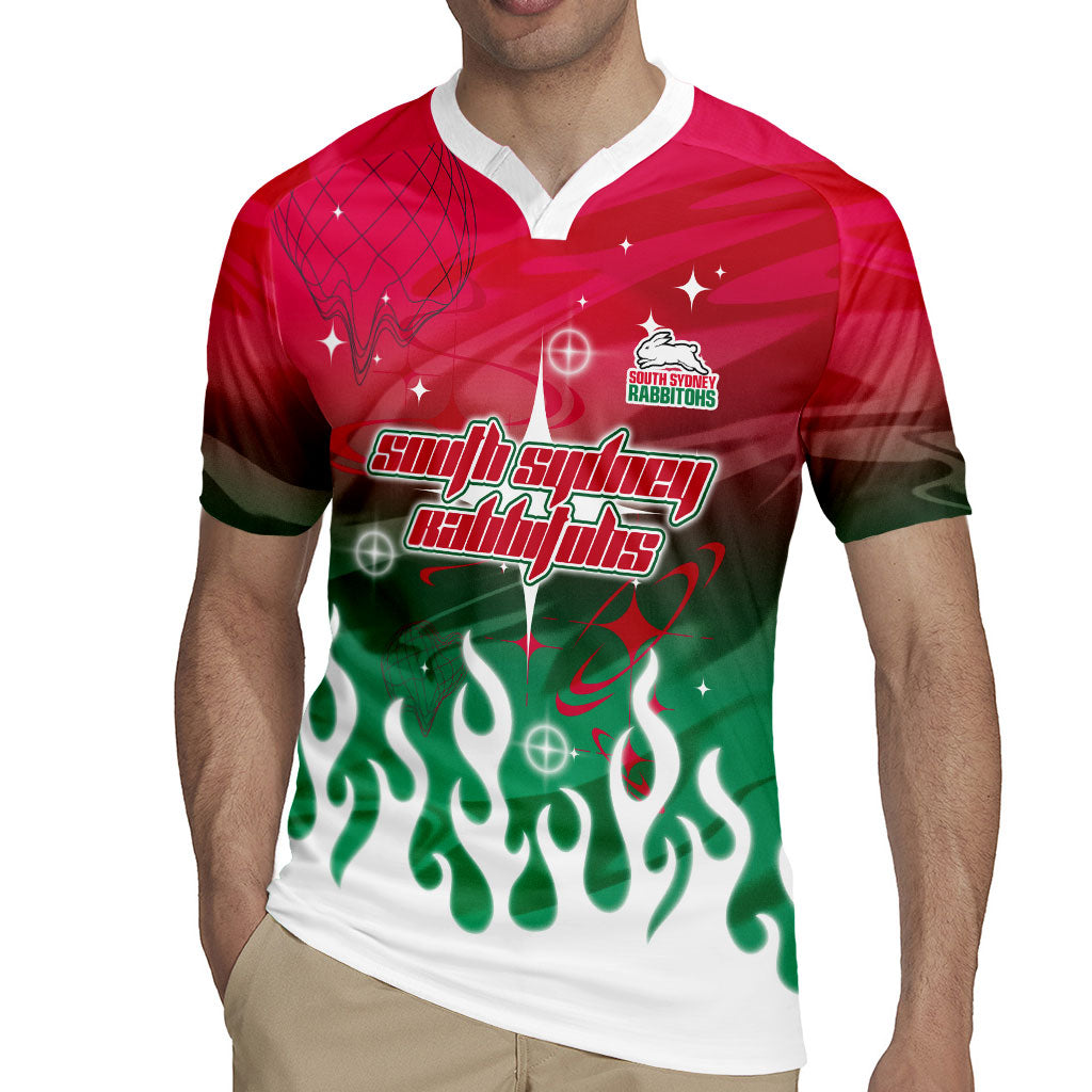 Personalized South Sydney Rabbitohs Rugby Jersey Y2K Grunge Aesthetic With Cyber Flames and Starburst Graphics