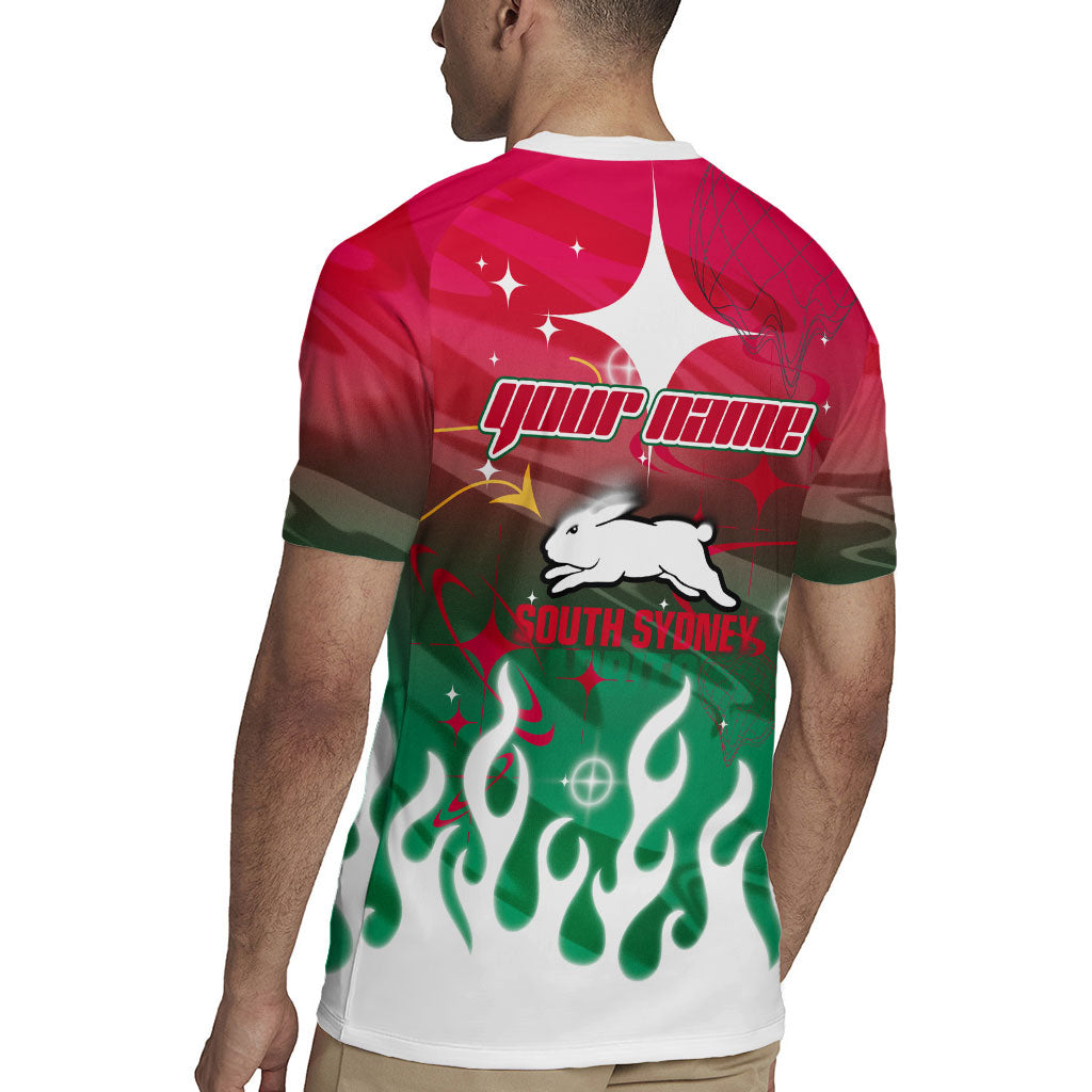 Personalized South Sydney Rabbitohs Rugby Jersey Y2K Grunge Aesthetic With Cyber Flames and Starburst Graphics