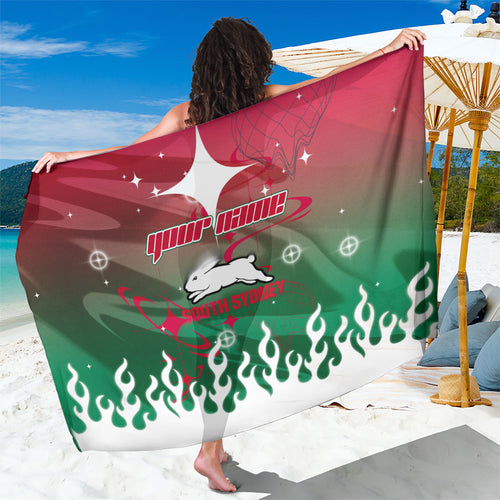 Personalized South Sydney Rabbitohs Sarong Y2K Grunge Aesthetic With Cyber Flames and Starburst Graphics