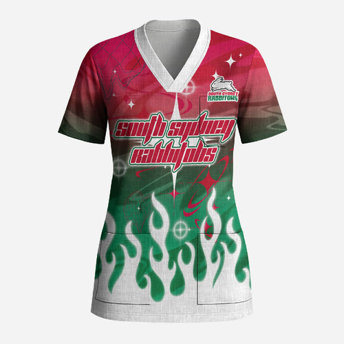 Personalized South Sydney Rabbitohs Scrub Top Y2K Grunge Aesthetic With Cyber Flames and Starburst Graphics