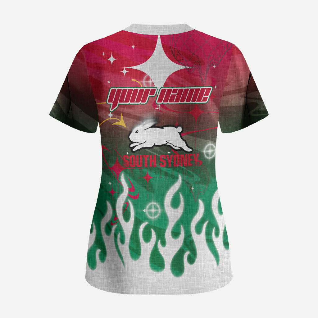 Personalized South Sydney Rabbitohs Scrub Top Y2K Grunge Aesthetic With Cyber Flames and Starburst Graphics