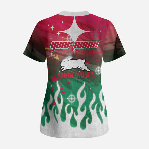 Personalized South Sydney Rabbitohs Scrub Top Y2K Grunge Aesthetic With Cyber Flames and Starburst Graphics