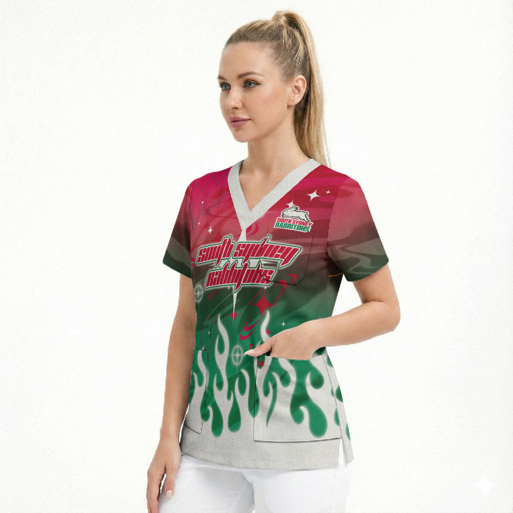 Personalized South Sydney Rabbitohs Scrub Top Y2K Grunge Aesthetic With Cyber Flames and Starburst Graphics