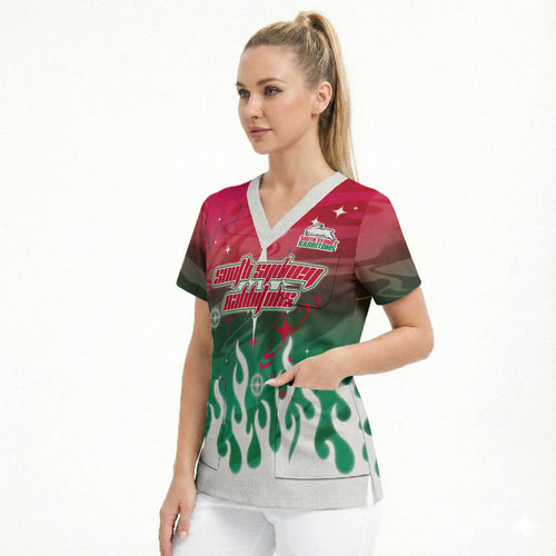 Personalized South Sydney Rabbitohs Scrub Top Y2K Grunge Aesthetic With Cyber Flames and Starburst Graphics