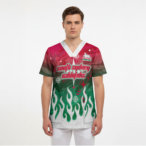 Personalized South Sydney Rabbitohs Scrub Top Y2K Grunge Aesthetic With Cyber Flames and Starburst Graphics