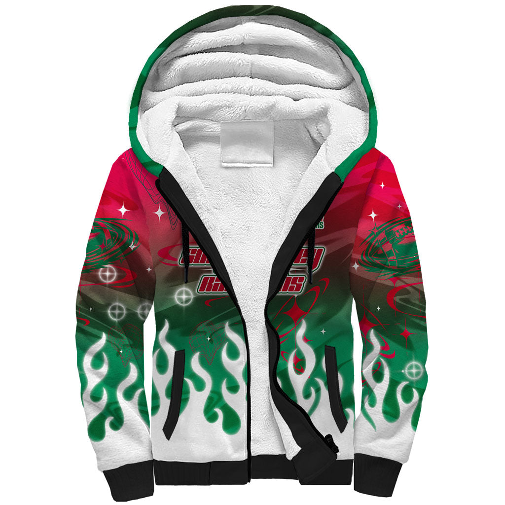 Personalized South Sydney Rabbitohs Sherpa Hoodie Y2K Grunge Aesthetic With Cyber Flames and Starburst Graphics