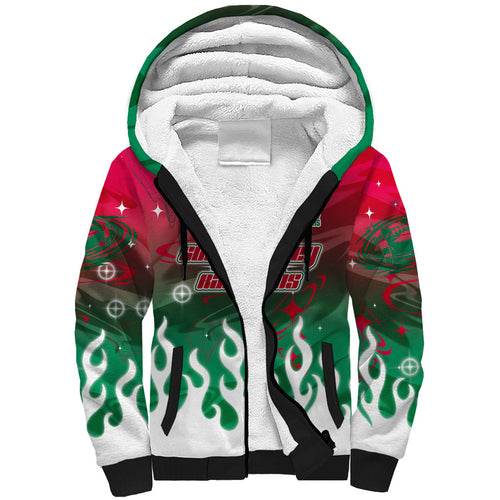Personalized South Sydney Rabbitohs Sherpa Hoodie Y2K Grunge Aesthetic With Cyber Flames and Starburst Graphics