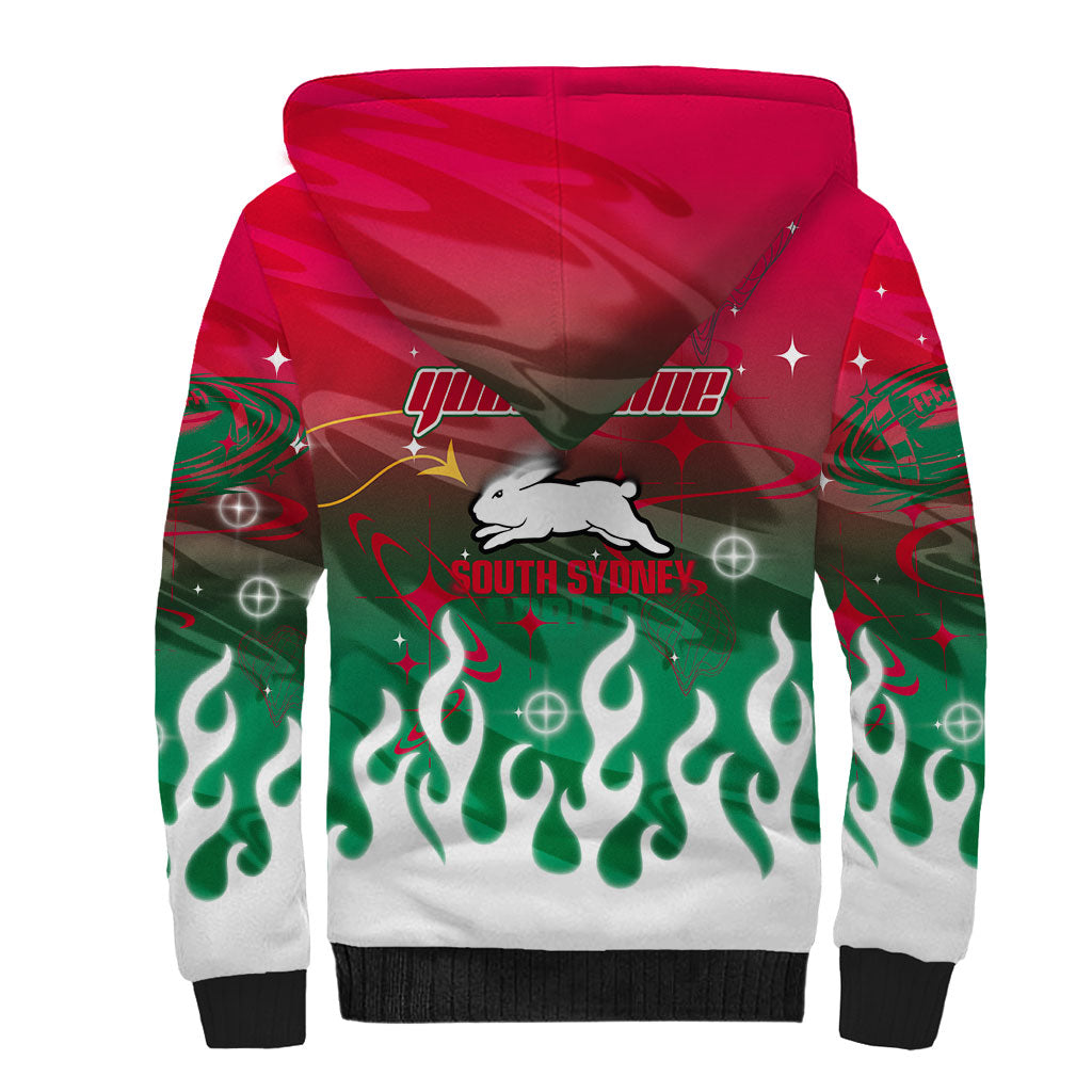 Personalized South Sydney Rabbitohs Sherpa Hoodie Y2K Grunge Aesthetic With Cyber Flames and Starburst Graphics