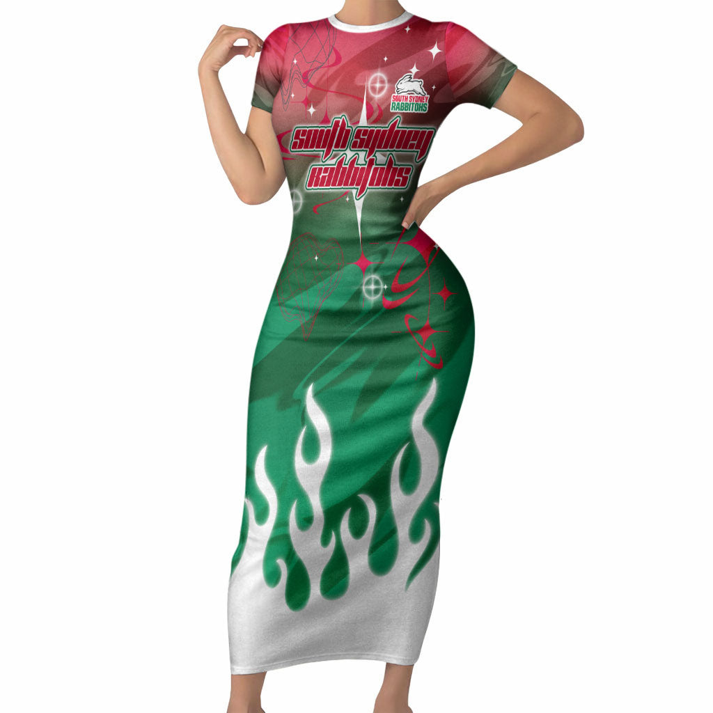 Personalized South Sydney Rabbitohs Short Sleeve Bodycon Dress Y2K Grunge Aesthetic With Cyber Flames and Starburst Graphics