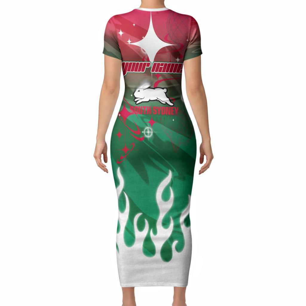 Personalized South Sydney Rabbitohs Short Sleeve Bodycon Dress Y2K Grunge Aesthetic With Cyber Flames and Starburst Graphics