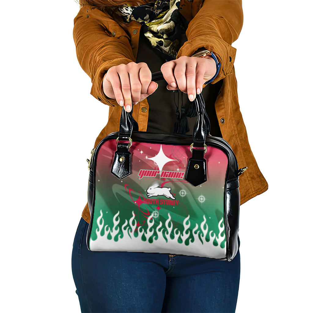 Personalized South Sydney Rabbitohs Shoulder Handbag Y2K Grunge Aesthetic With Cyber Flames and Starburst Graphics