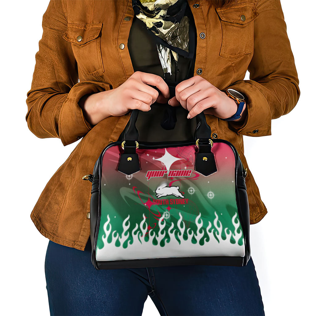 Personalized South Sydney Rabbitohs Shoulder Handbag Y2K Grunge Aesthetic With Cyber Flames and Starburst Graphics
