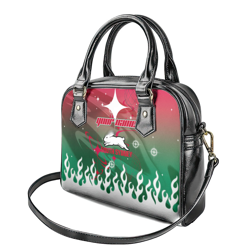 Personalized South Sydney Rabbitohs Shoulder Handbag Y2K Grunge Aesthetic With Cyber Flames and Starburst Graphics