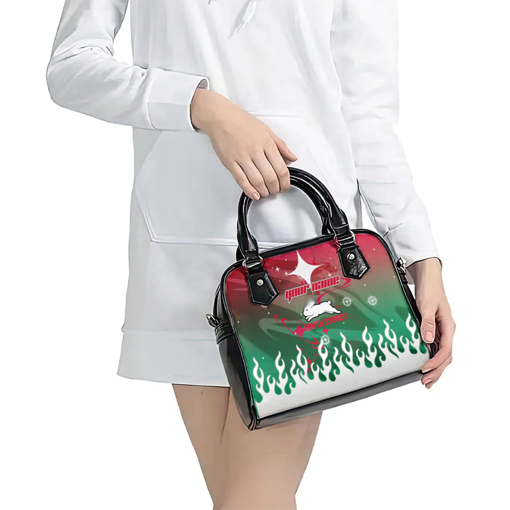 Personalized South Sydney Rabbitohs Shoulder Handbag Y2K Grunge Aesthetic With Cyber Flames and Starburst Graphics