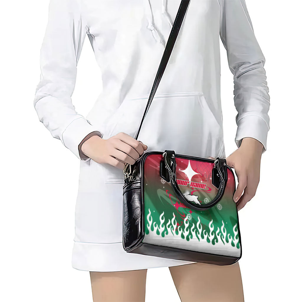 Personalized South Sydney Rabbitohs Shoulder Handbag Y2K Grunge Aesthetic With Cyber Flames and Starburst Graphics