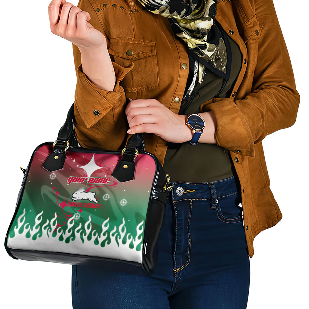 Personalized South Sydney Rabbitohs Shoulder Handbag Y2K Grunge Aesthetic With Cyber Flames and Starburst Graphics