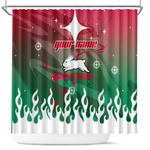 Personalized South Sydney Rabbitohs Shower Curtain Y2K Grunge Aesthetic With Cyber Flames and Starburst Graphics