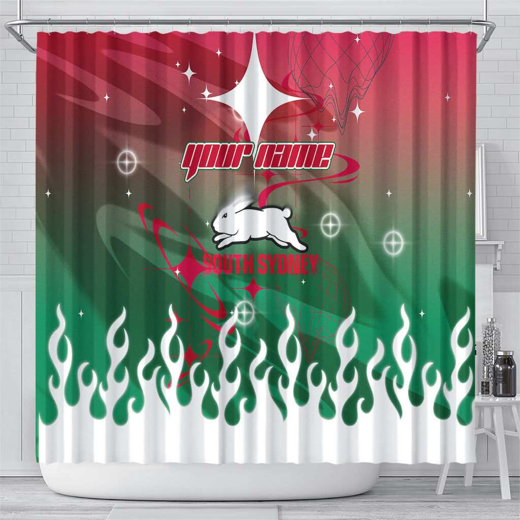 Personalized South Sydney Rabbitohs Shower Curtain Y2K Grunge Aesthetic With Cyber Flames and Starburst Graphics