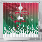 Personalized South Sydney Rabbitohs Shower Curtain Y2K Grunge Aesthetic With Cyber Flames and Starburst Graphics